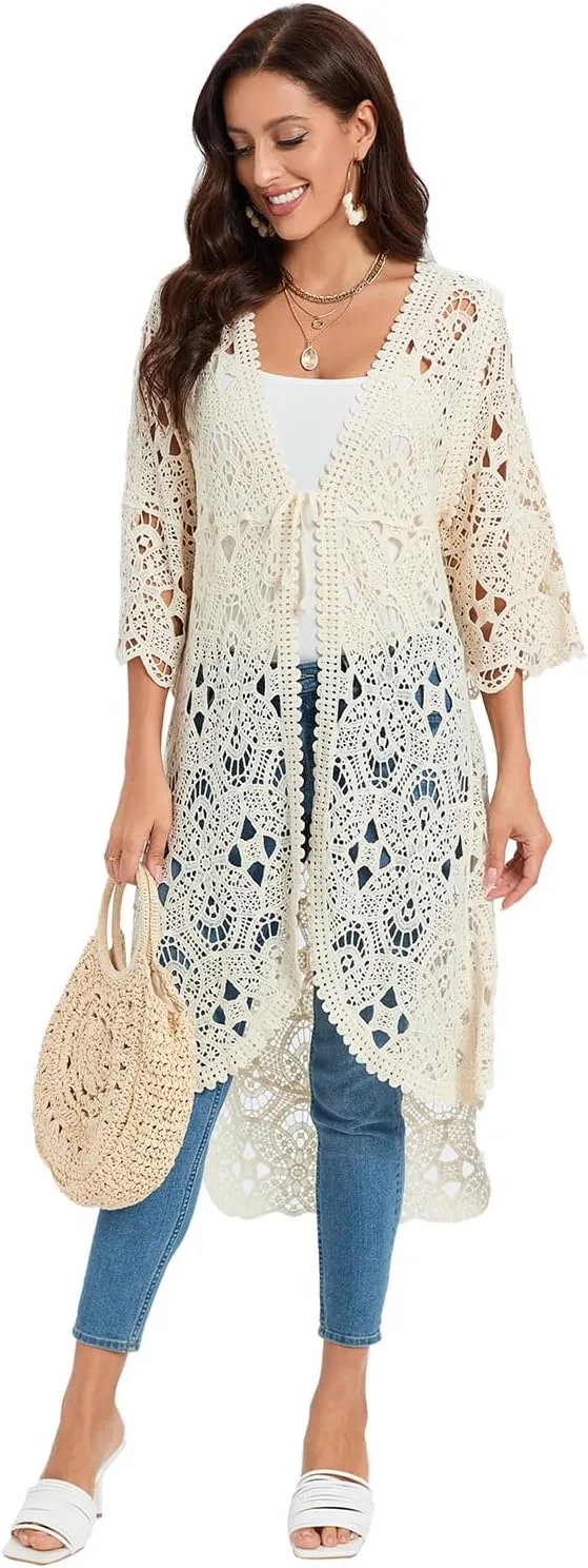 GLEAMISS Women's Crochet Long Vest Sleeveless Lace Cardigan Hollow Out Kimino Cover Up