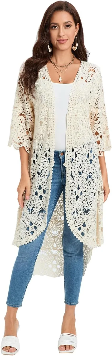 GLEAMISS Women's Crochet Long Vest Sleeveless Lace Cardigan Hollow Out Kimino Cover Up