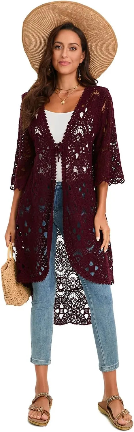 GLEAMISS Women's Crochet Long Vest Sleeveless Lace Cardigan Hollow Out Kimino Cover Up