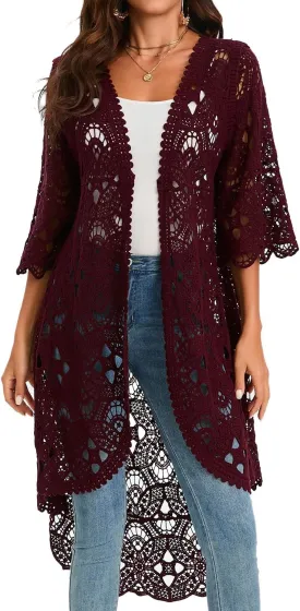 GLEAMISS Women's Crochet Long Vest Sleeveless Lace Cardigan Hollow Out Kimino Cover Up