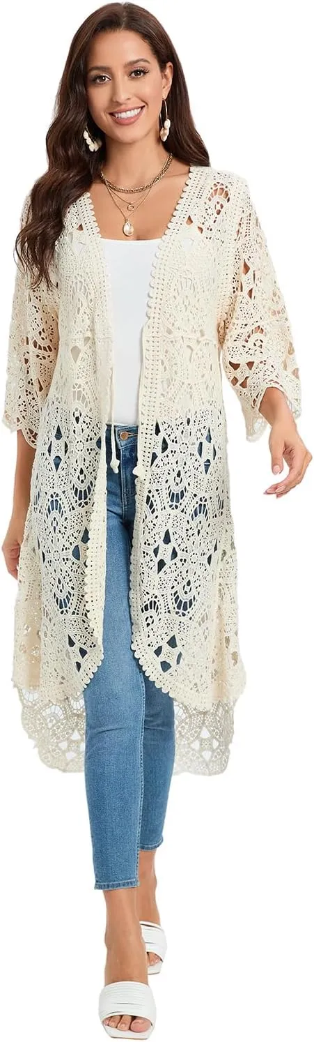 GLEAMISS Women's Crochet Long Vest Sleeveless Lace Cardigan Hollow Out Kimino Cover Up