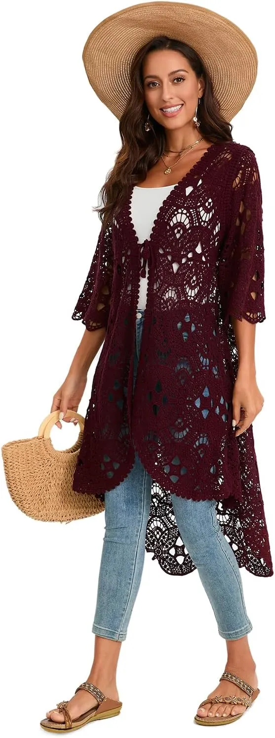 GLEAMISS Women's Crochet Long Vest Sleeveless Lace Cardigan Hollow Out Kimino Cover Up