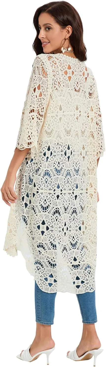 GLEAMISS Women's Crochet Long Vest Sleeveless Lace Cardigan Hollow Out Kimino Cover Up