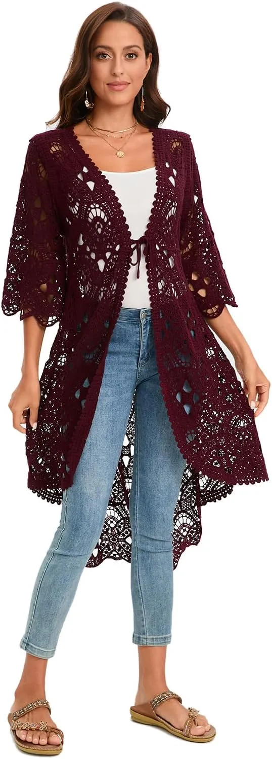GLEAMISS Women's Crochet Long Vest Sleeveless Lace Cardigan Hollow Out Kimino Cover Up