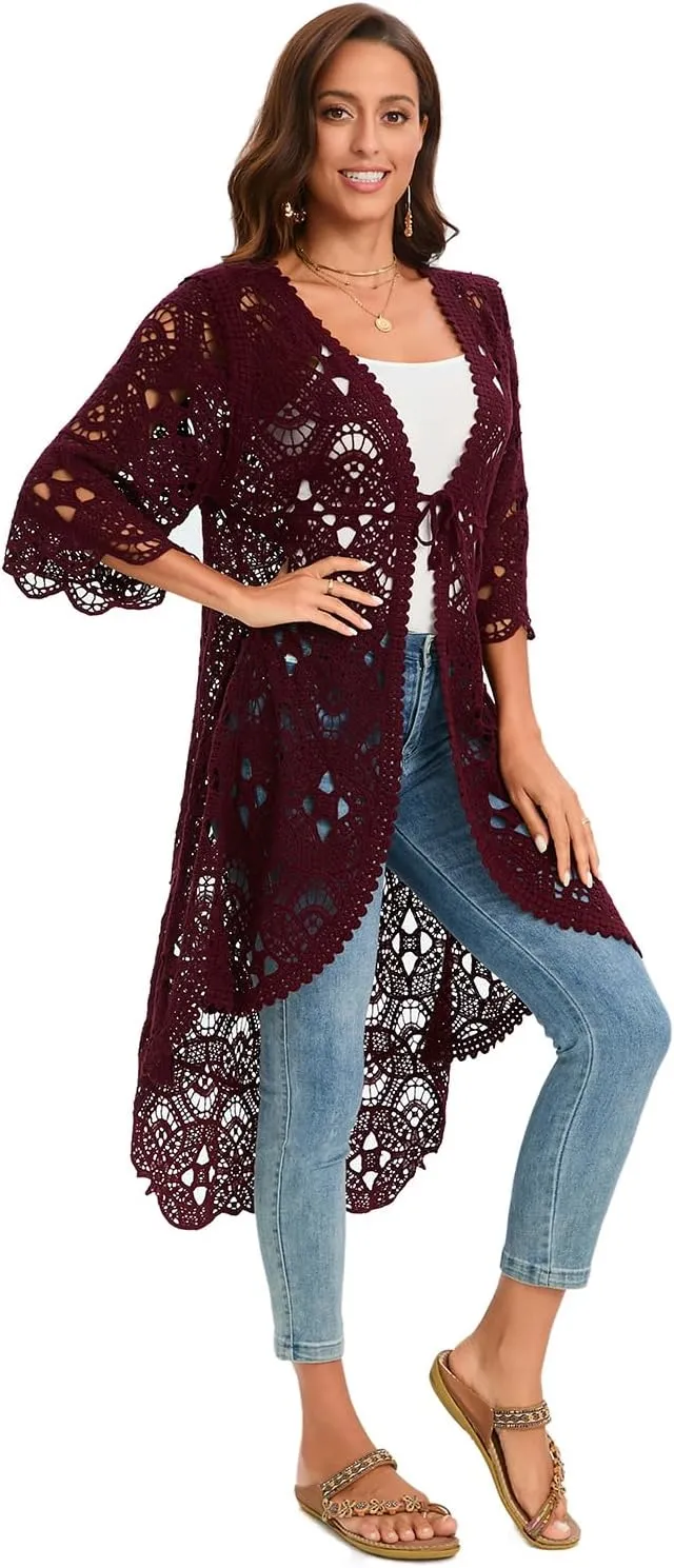 GLEAMISS Women's Crochet Long Vest Sleeveless Lace Cardigan Hollow Out Kimino Cover Up