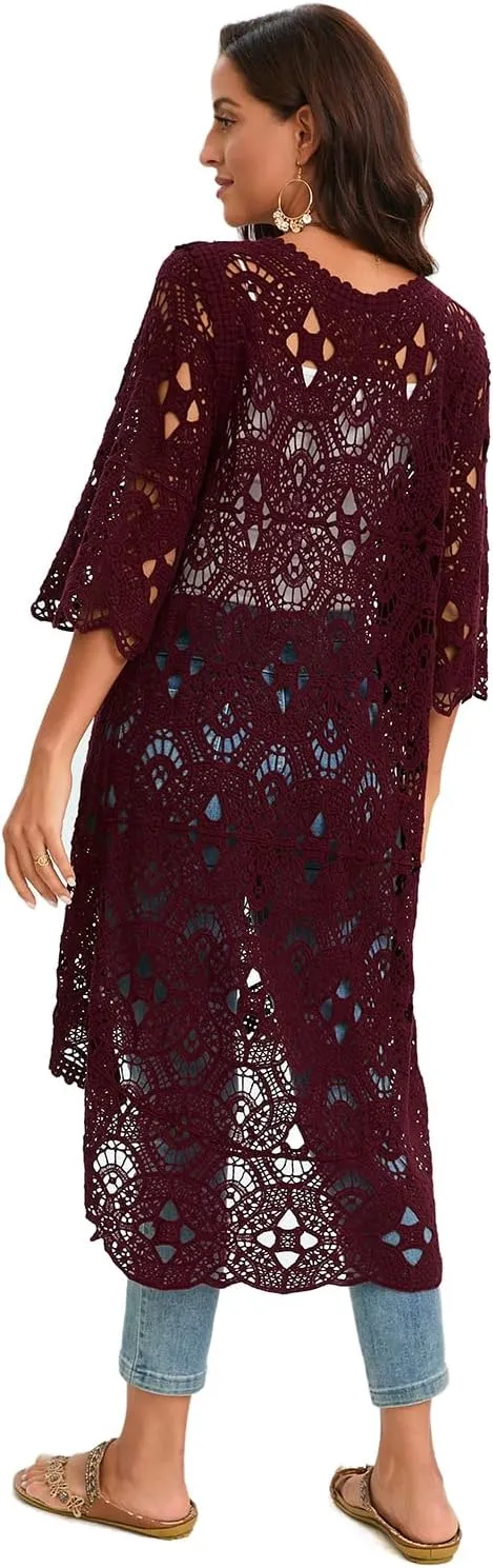 GLEAMISS Women's Crochet Long Vest Sleeveless Lace Cardigan Hollow Out Kimino Cover Up