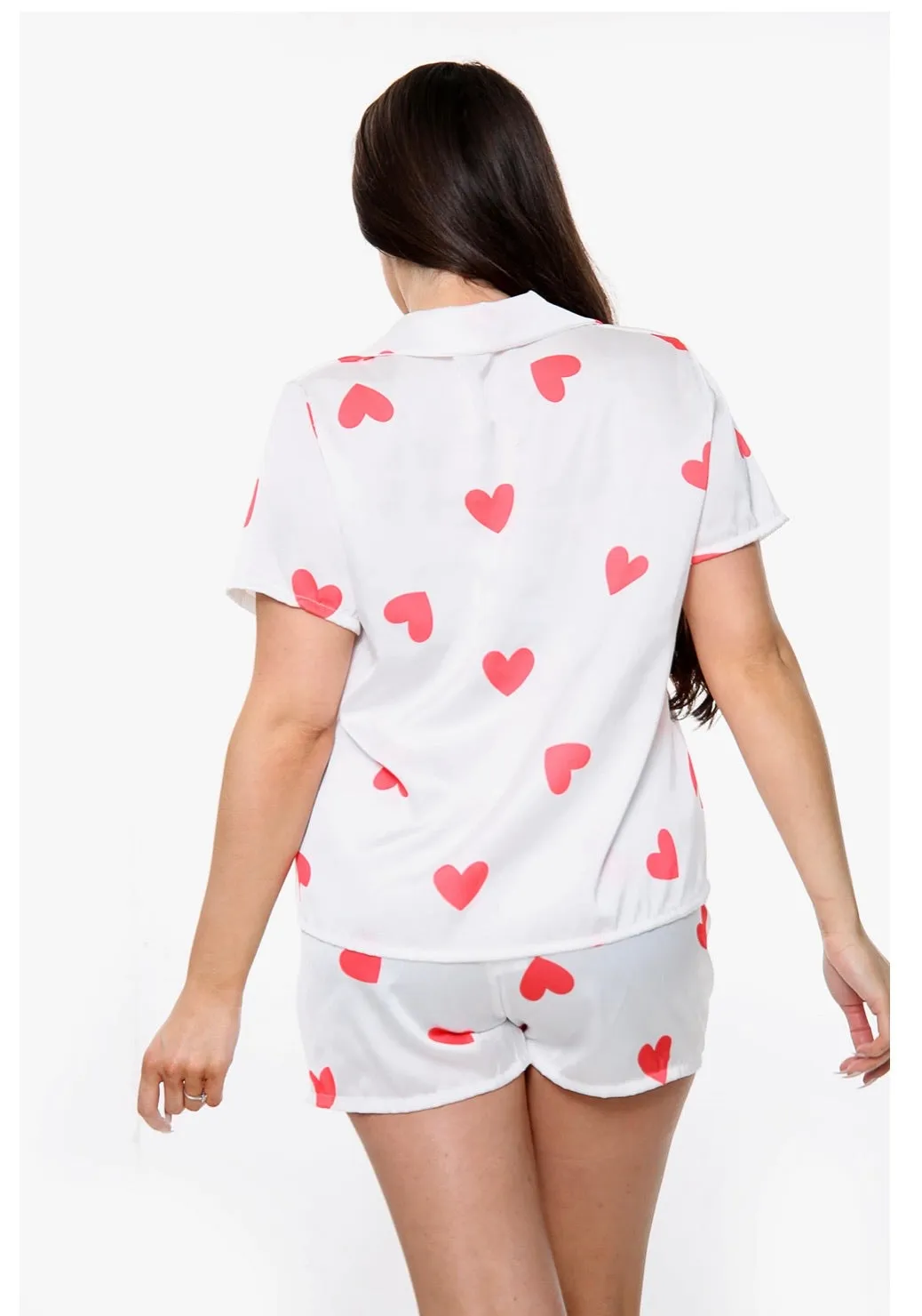 Hearts 2 piece luxury silk  pattered shorts pyjamas - one size - 2 colours black, white with red