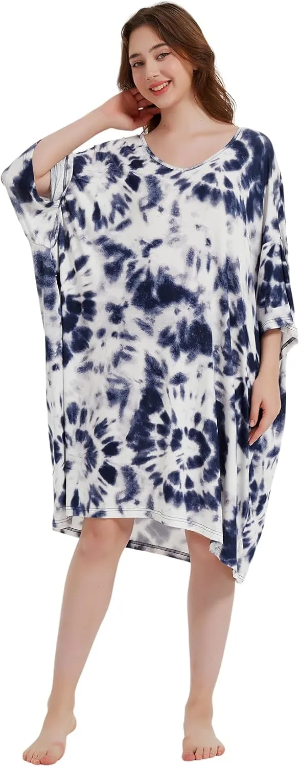 KFUBUO Plus Size Nightgowns for Women V-Neck Sleep Tshirts Dress Pjs Lounge Short Sleeves Sleepwear With Pocket Fit S-5XL