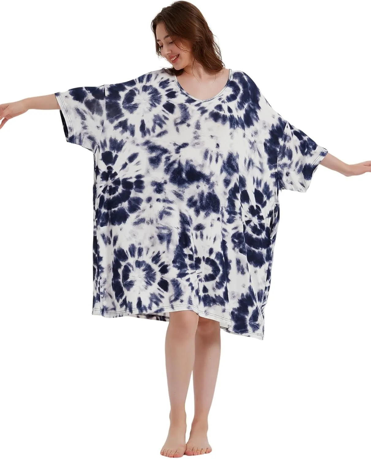 KFUBUO Plus Size Nightgowns for Women V-Neck Sleep Tshirts Dress Pjs Lounge Short Sleeves Sleepwear With Pocket Fit S-5XL