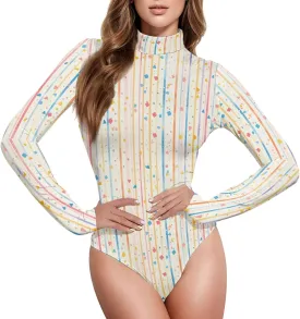 KLL Stripes Tiny Dots Minimalist Womens Basic Body Suits Tummy Control Mock Turtle Neck Sexy Tops