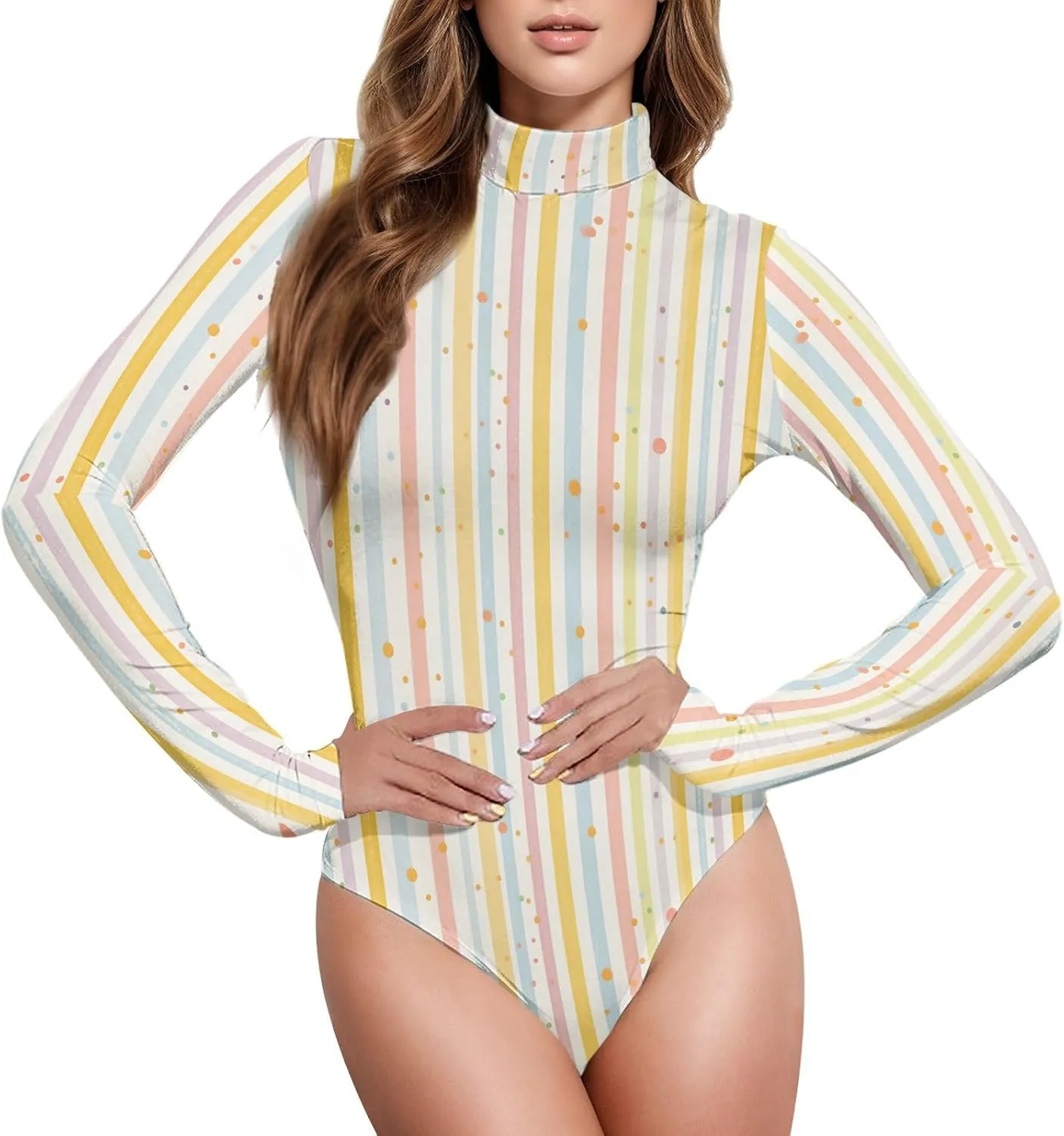 KLL Stripes Tiny Dots Minimalist Women's Bodysuit Shirts Tummy Control High Neck Sexy Tops