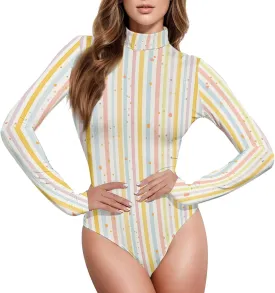 KLL Stripes Tiny Dots Minimalist Women's Bodysuit Shirts Tummy Control High Neck Sexy Tops