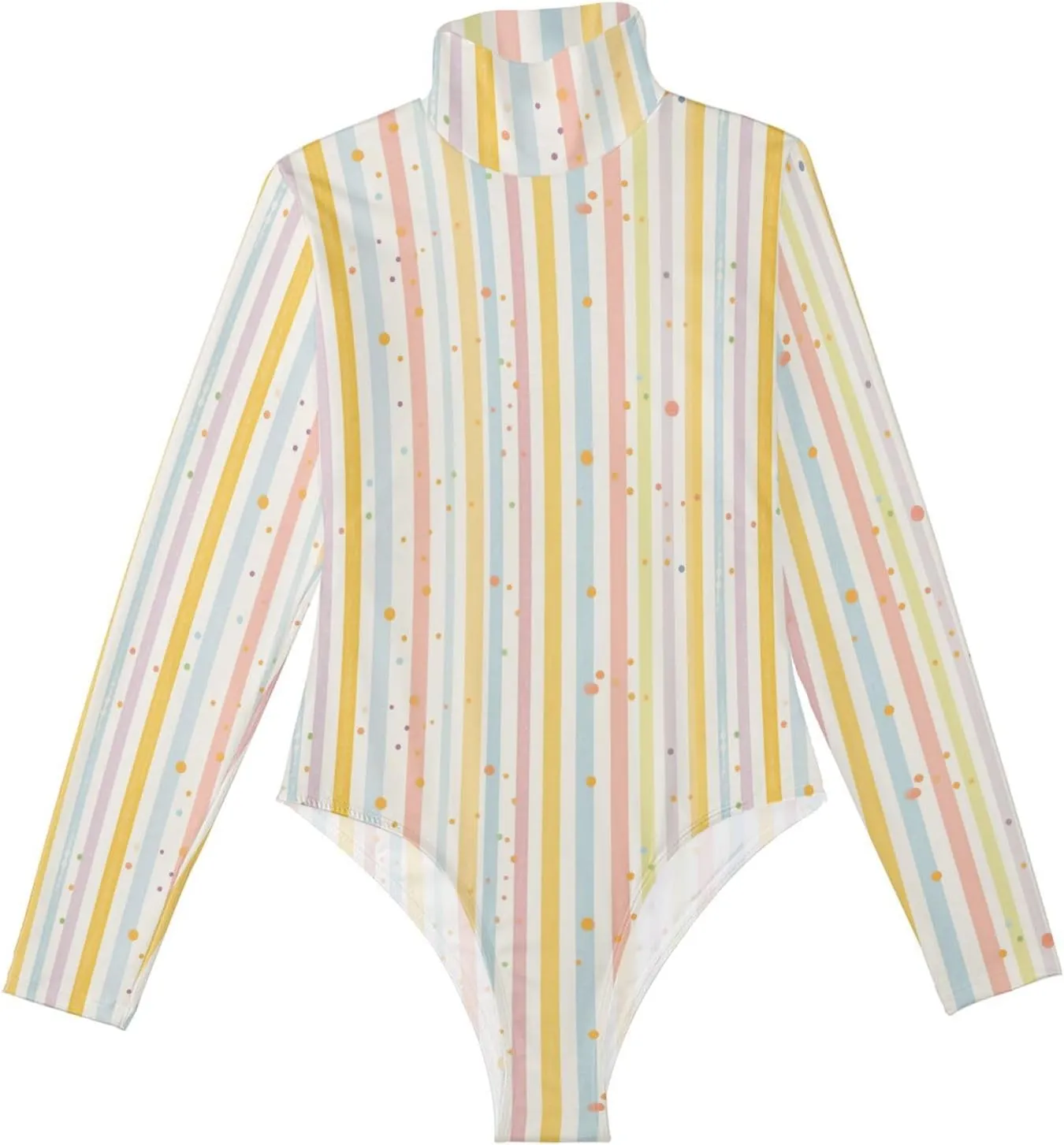 KLL Stripes Tiny Dots Minimalist Women's Bodysuit Shirts Tummy Control High Neck Sexy Tops