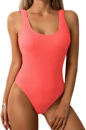 Limeeke Women One Piece Swimsuit Solid Ribbed Monokini Swimwear Scoop Neck Low Back Bathing Suit