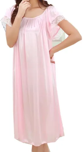 LJYH Women's Solid Short Sleeve Silky Long Nightgown Sleepwear Dress