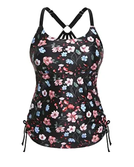 Long & Loose Ruched Tankini Tops With Tie Side Drawstrings Swim Tank Top-Black Floral