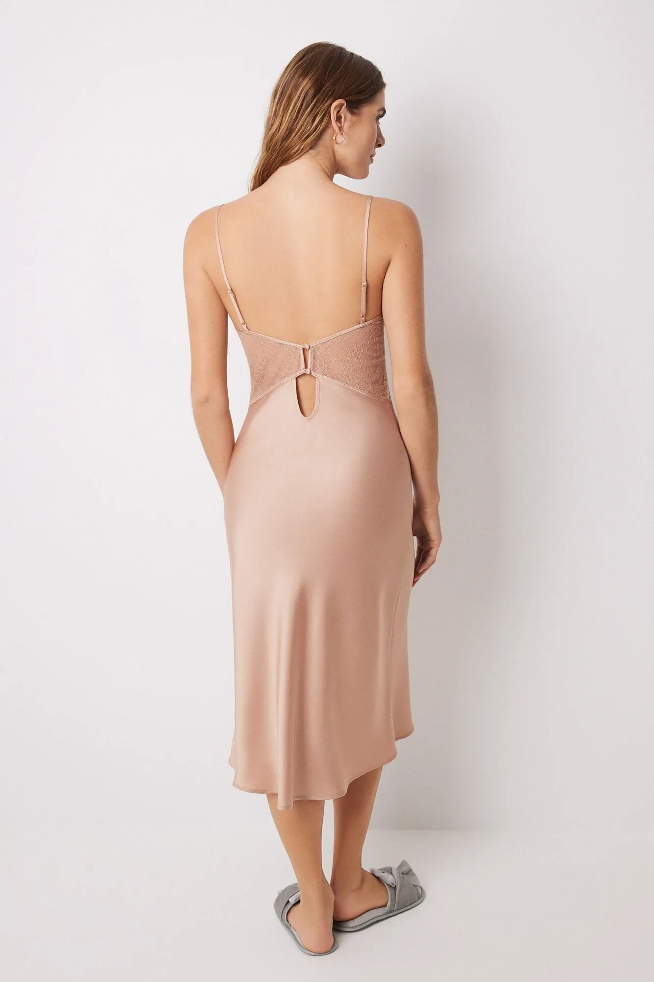 Long satin and nude lace nightgown
