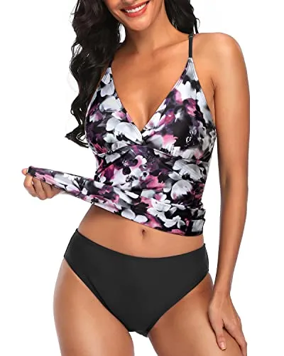 Macrame Back Tankini Top With Swim Bottom Bathing Suits For Women-Purple Floral