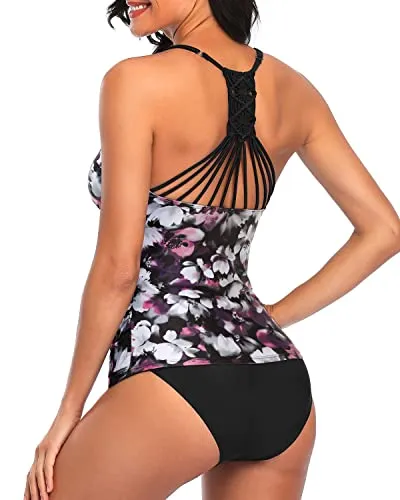 Macrame Back Tankini Top With Swim Bottom Bathing Suits For Women-Purple Floral