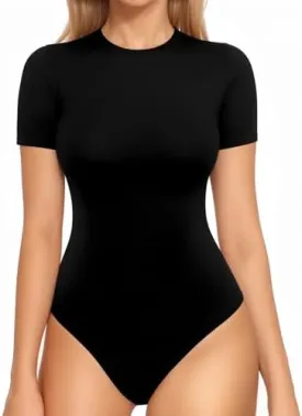 MANGOPOP Crew Neck Short Sleeve Bodysuit for Women Thong Body Suits Shirts Double Lined Basic Top