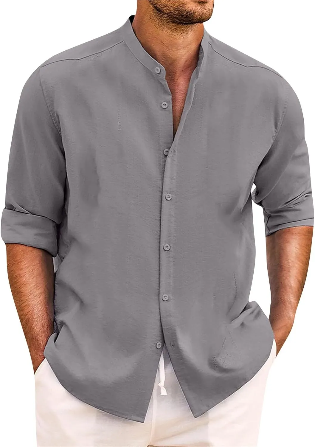 Mens Cotton Linen Shirt Long Sleeve Mandarin Collar Button Down Shirt Lightweight Breathable Beach Tops