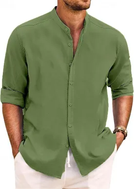 Mens Cotton Linen Shirt Long Sleeve Mandarin Collar Button Down Shirt Lightweight Breathable Beach Tops