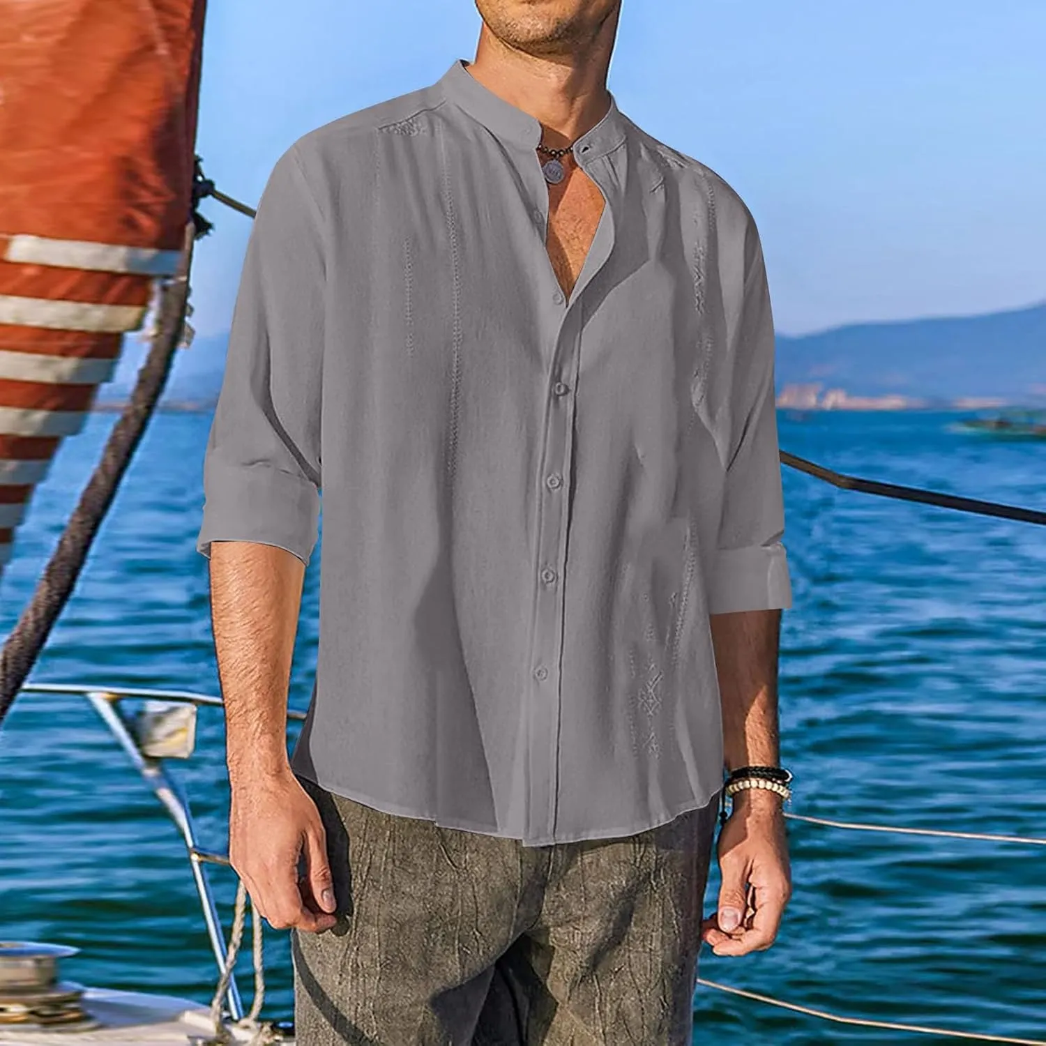 Mens Cotton Linen Shirt Long Sleeve Mandarin Collar Button Down Shirt Lightweight Breathable Beach Tops