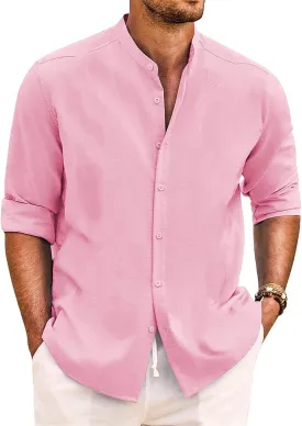 Mens Cotton Linen Shirt Long Sleeve Mandarin Collar Button Down Shirt Lightweight Breathable Beach Tops