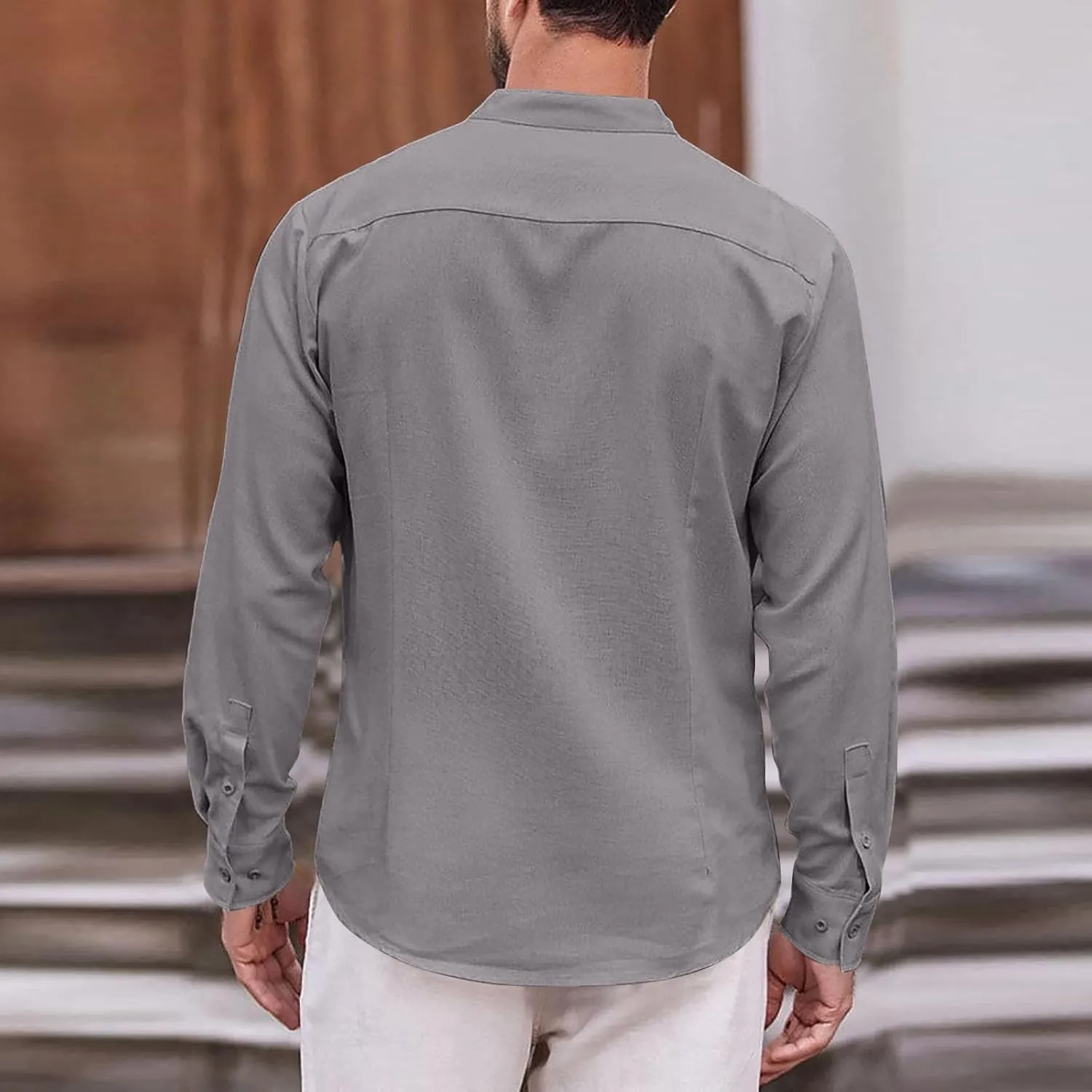 Mens Cotton Linen Shirt Long Sleeve Mandarin Collar Button Down Shirt Lightweight Breathable Beach Tops