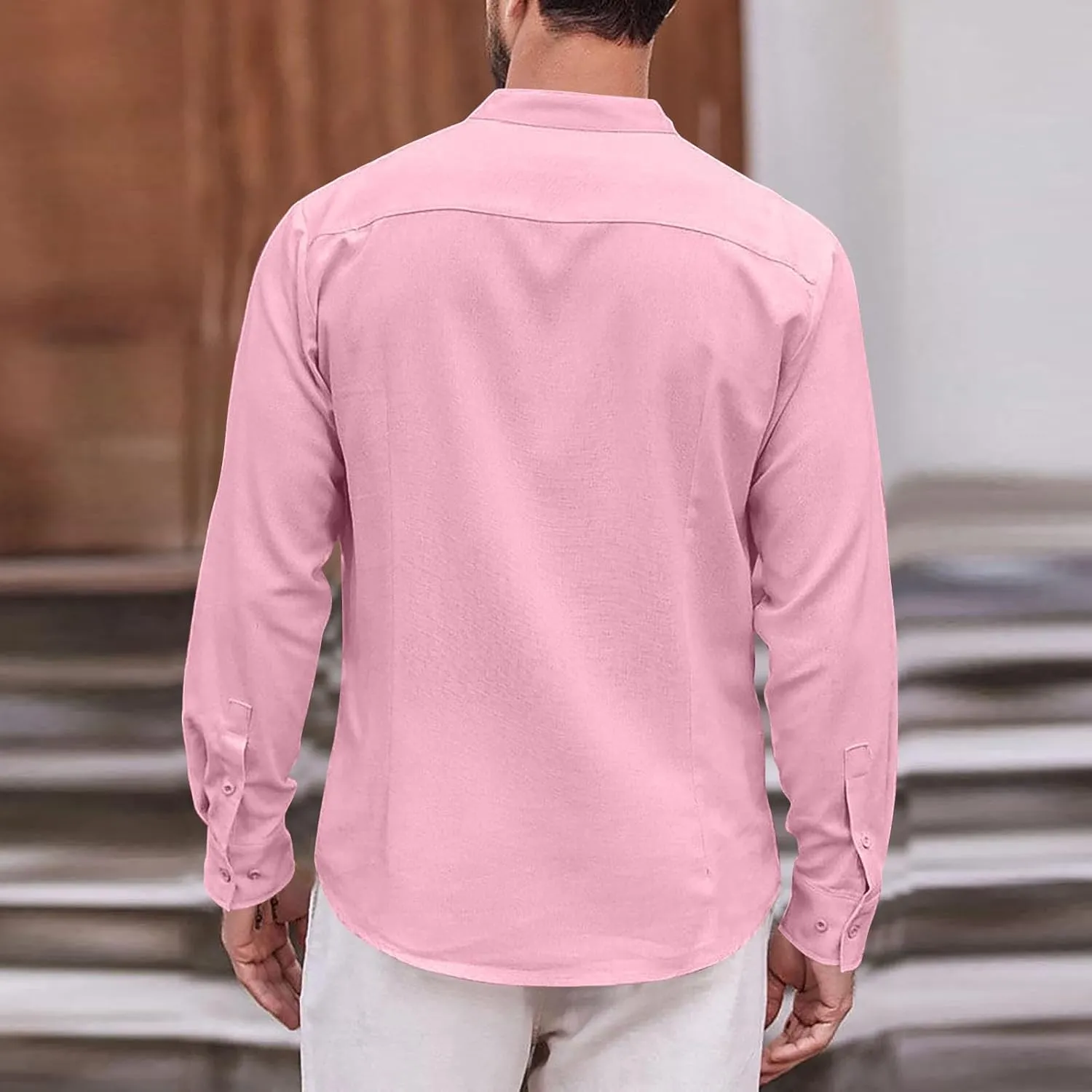 Mens Cotton Linen Shirt Long Sleeve Mandarin Collar Button Down Shirt Lightweight Breathable Beach Tops