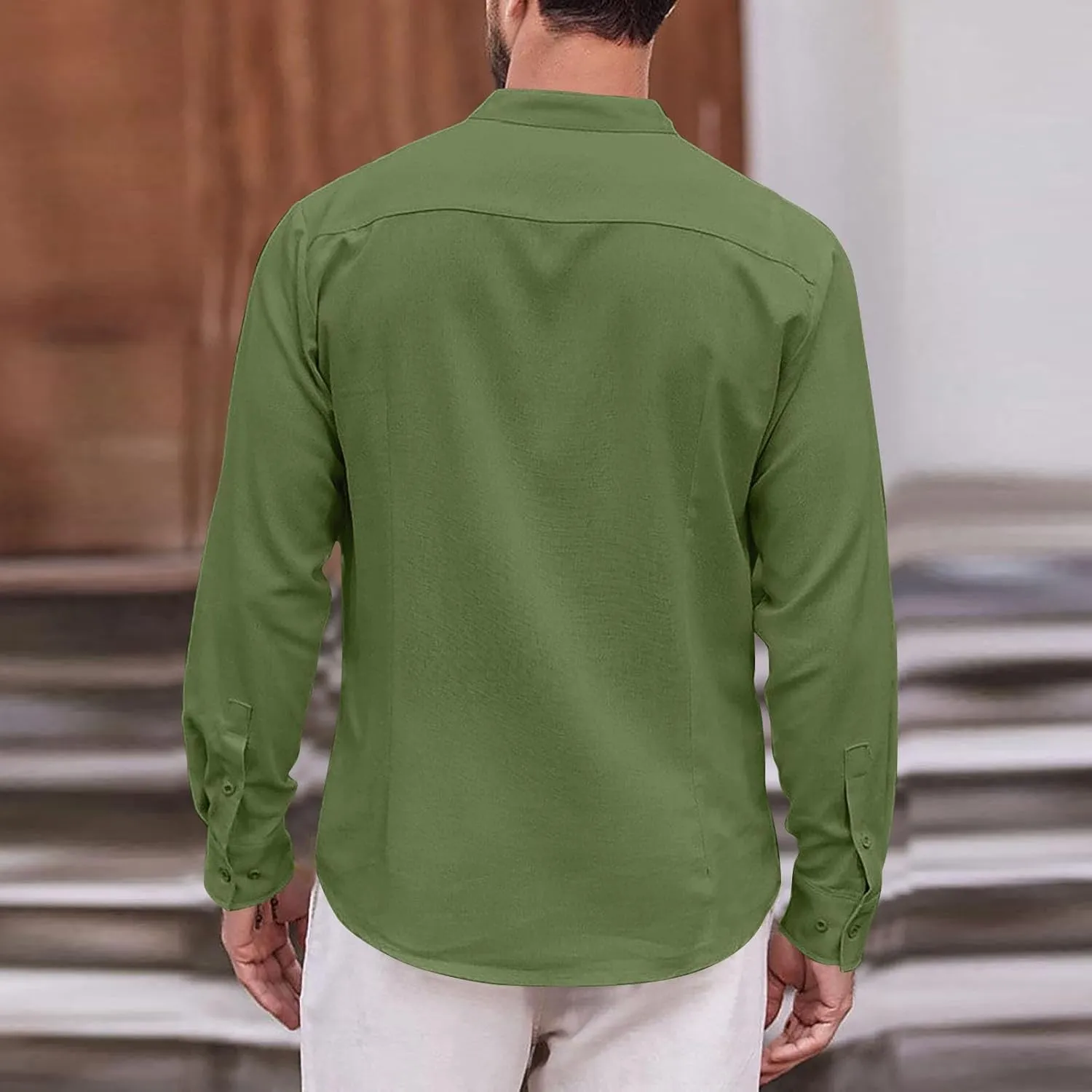 Mens Cotton Linen Shirt Long Sleeve Mandarin Collar Button Down Shirt Lightweight Breathable Beach Tops