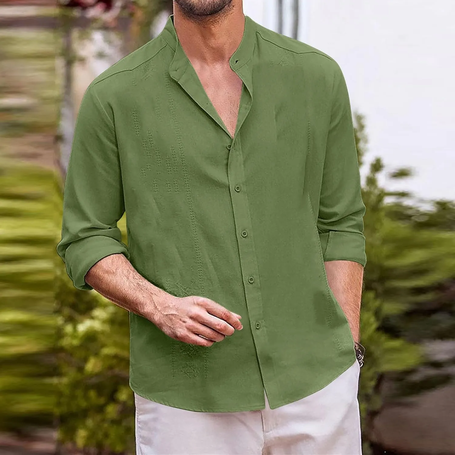 Mens Cotton Linen Shirt Long Sleeve Mandarin Collar Button Down Shirt Lightweight Breathable Beach Tops