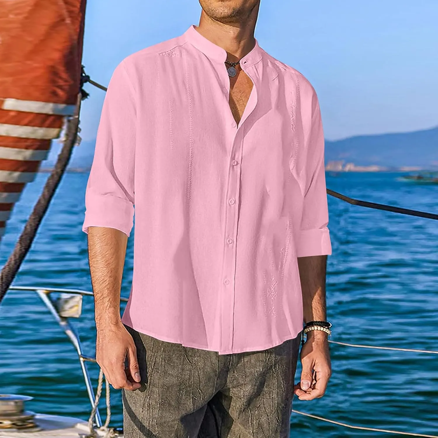 Mens Cotton Linen Shirt Long Sleeve Mandarin Collar Button Down Shirt Lightweight Breathable Beach Tops