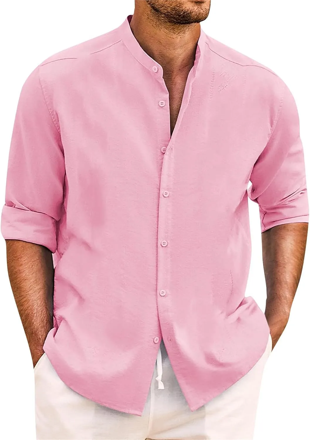 Mens Cotton Linen Shirt Long Sleeve Mandarin Collar Button Down Shirt Lightweight Breathable Beach Tops