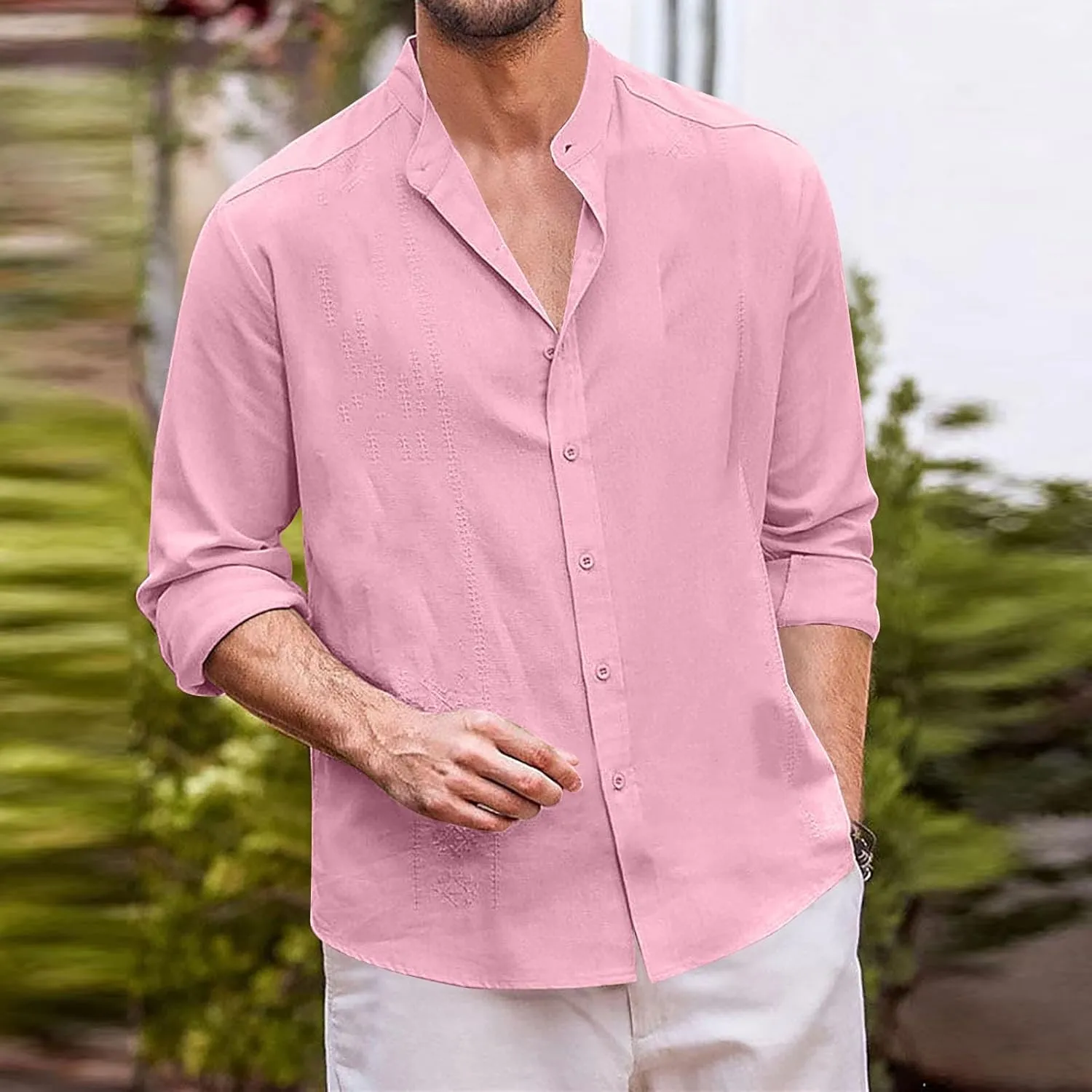 Mens Cotton Linen Shirt Long Sleeve Mandarin Collar Button Down Shirt Lightweight Breathable Beach Tops