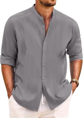Mens Cotton Linen Shirt Long Sleeve Mandarin Collar Button Down Shirt Lightweight Breathable Beach Tops