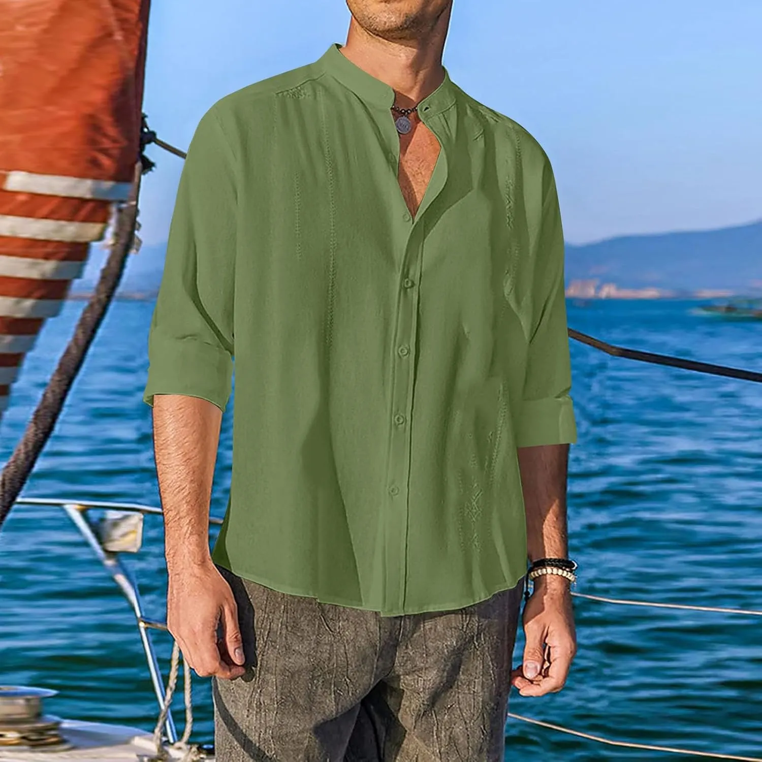 Mens Cotton Linen Shirt Long Sleeve Mandarin Collar Button Down Shirt Lightweight Breathable Beach Tops