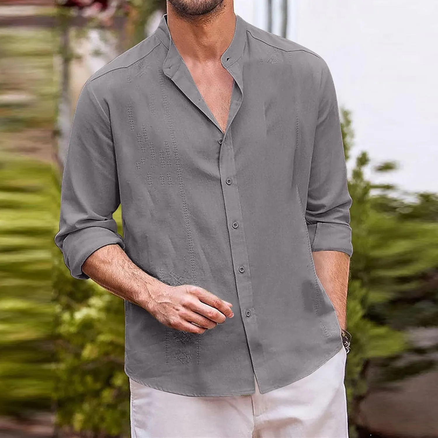 Mens Cotton Linen Shirt Long Sleeve Mandarin Collar Button Down Shirt Lightweight Breathable Beach Tops