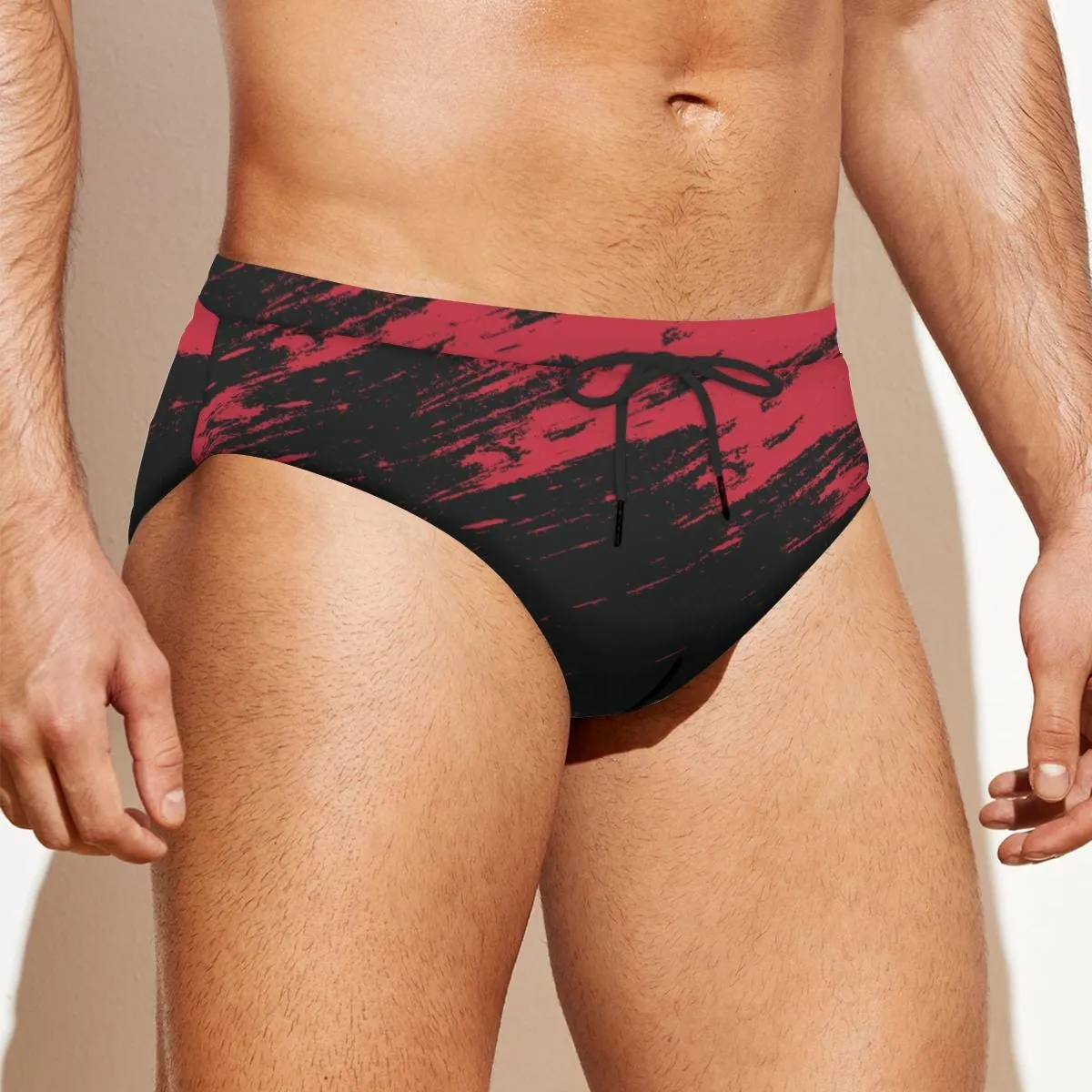 Men's Swim Briefs, Edgy Red Black Speedo Style Swimwear, Abstract Black Red Swim Brief