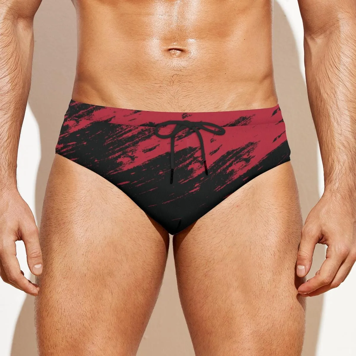 Men's Swim Briefs, Edgy Red Black Speedo Style Swimwear, Abstract Black Red Swim Brief