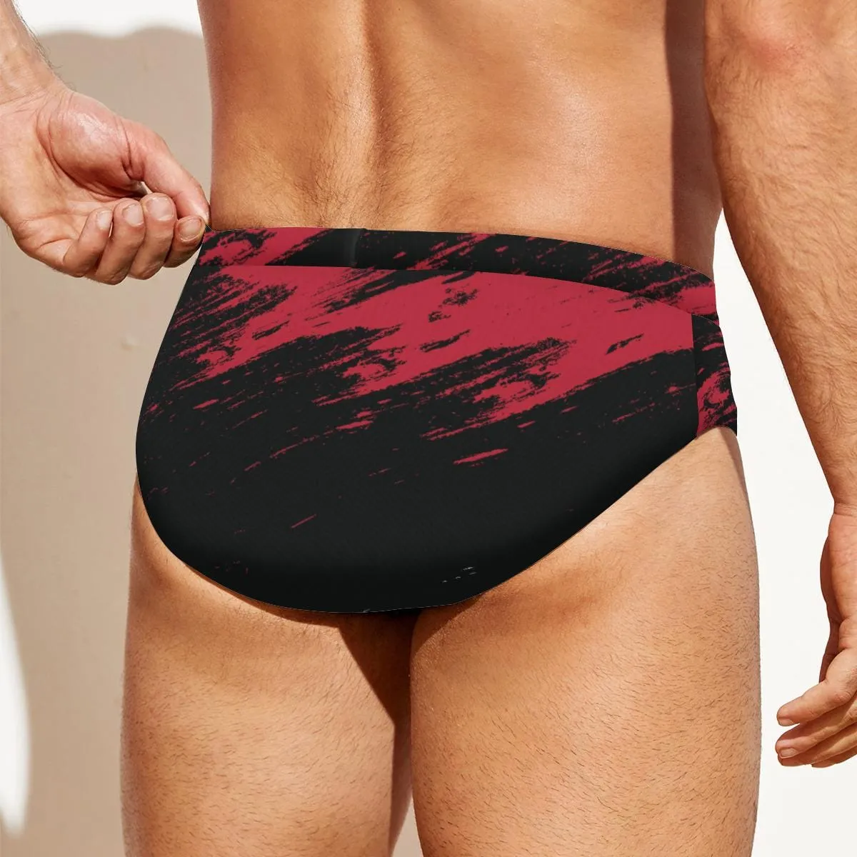Men's Swim Briefs, Edgy Red Black Speedo Style Swimwear, Abstract Black Red Swim Brief