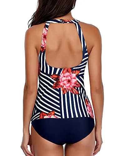 Modest Tummy Control Tankini Bathing Suit-Blue Floral