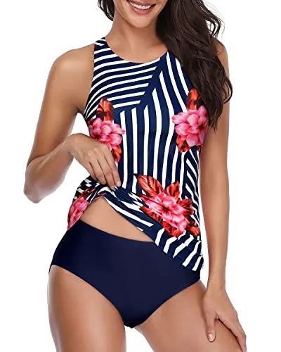 Modest Tummy Control Tankini Bathing Suit-Blue Floral