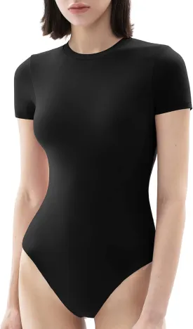 PUMIEY Women's Crew Neck Short Sleeve Thong Bodysuit Fashion T-shirt Tops Smoke Cloud Pro Collection
