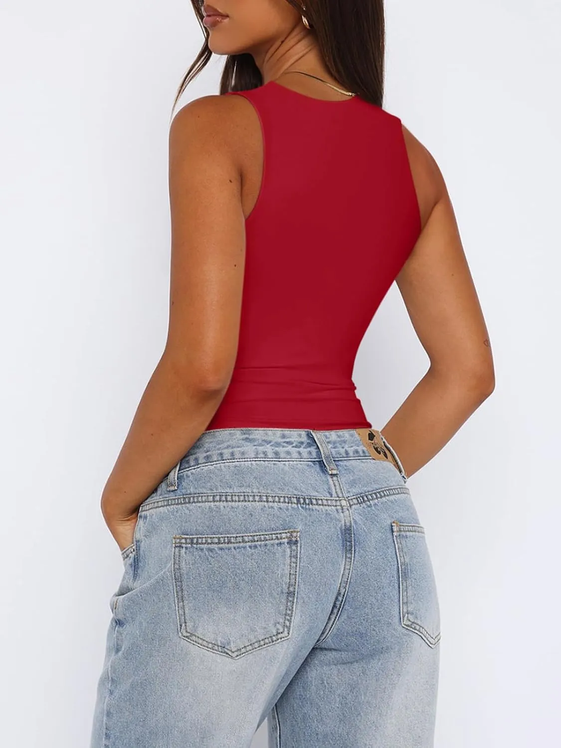 REORIA Butsmooth Womens Sexy Sleeveless Square Neck Double Lined Basic Bodysuit Tank Tops