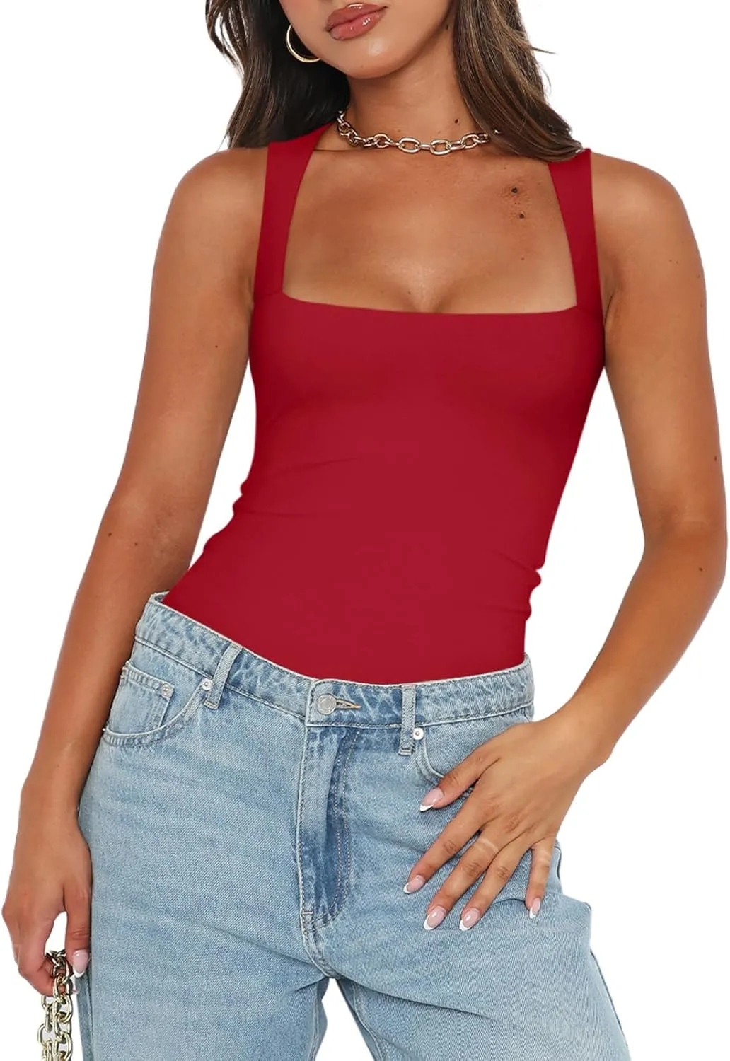 REORIA Butsmooth Womens Sexy Sleeveless Square Neck Double Lined Basic Bodysuit Tank Tops