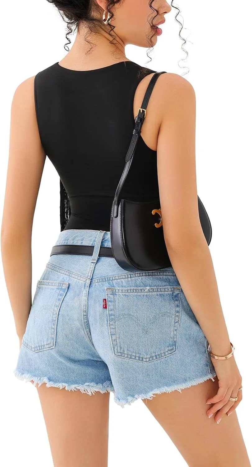 REORIA Butsmooth Womens Sexy Sleeveless Square Neck Double Lined Basic Bodysuit Tank Tops