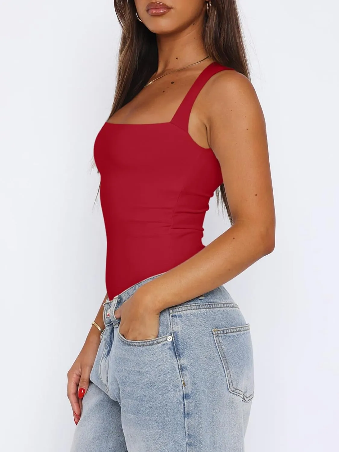 REORIA Butsmooth Womens Sexy Sleeveless Square Neck Double Lined Basic Bodysuit Tank Tops