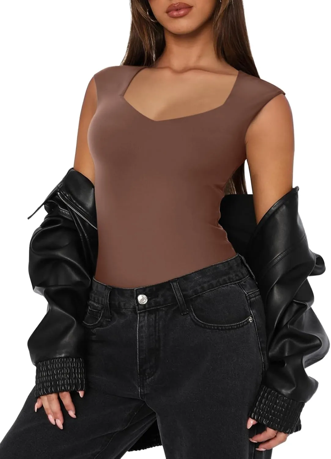 REORIA Butsmooth Women's Trendy Sexy Casual V Neck Double Lined Sleeveless Slimming Going Out Tank Top Bodysuits