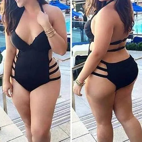 Sexy Pure Black Plus Size Bandage Slim Monokini Backless Women Swimsuit Swimwear